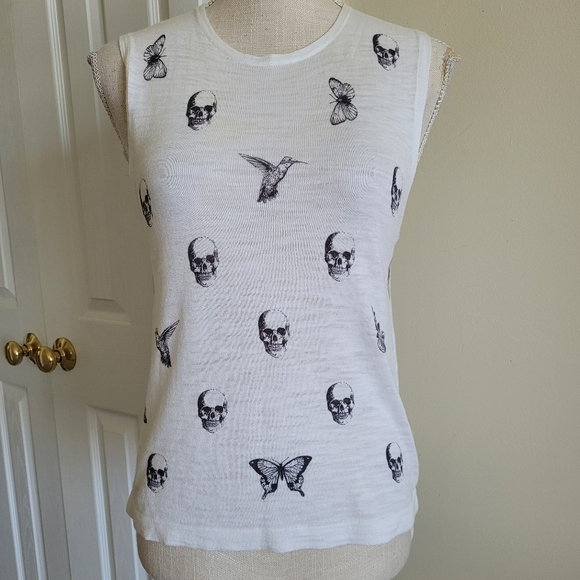 Skull cashmere sleeveless butterfly top white with print size XS - Picture 1 of 5